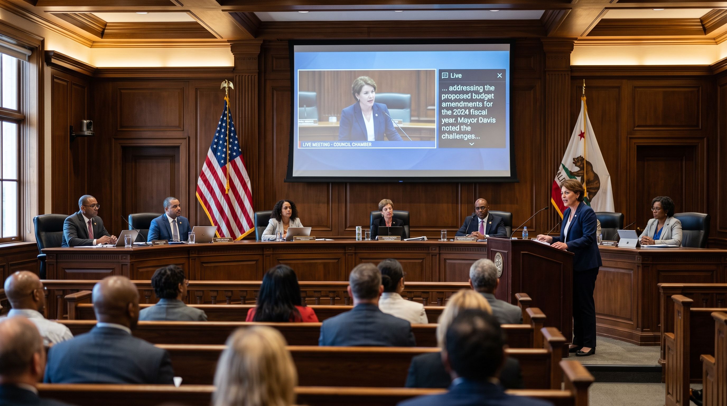 A city council meeting in session with a live video and transcript overlay shown on the chamber screen
