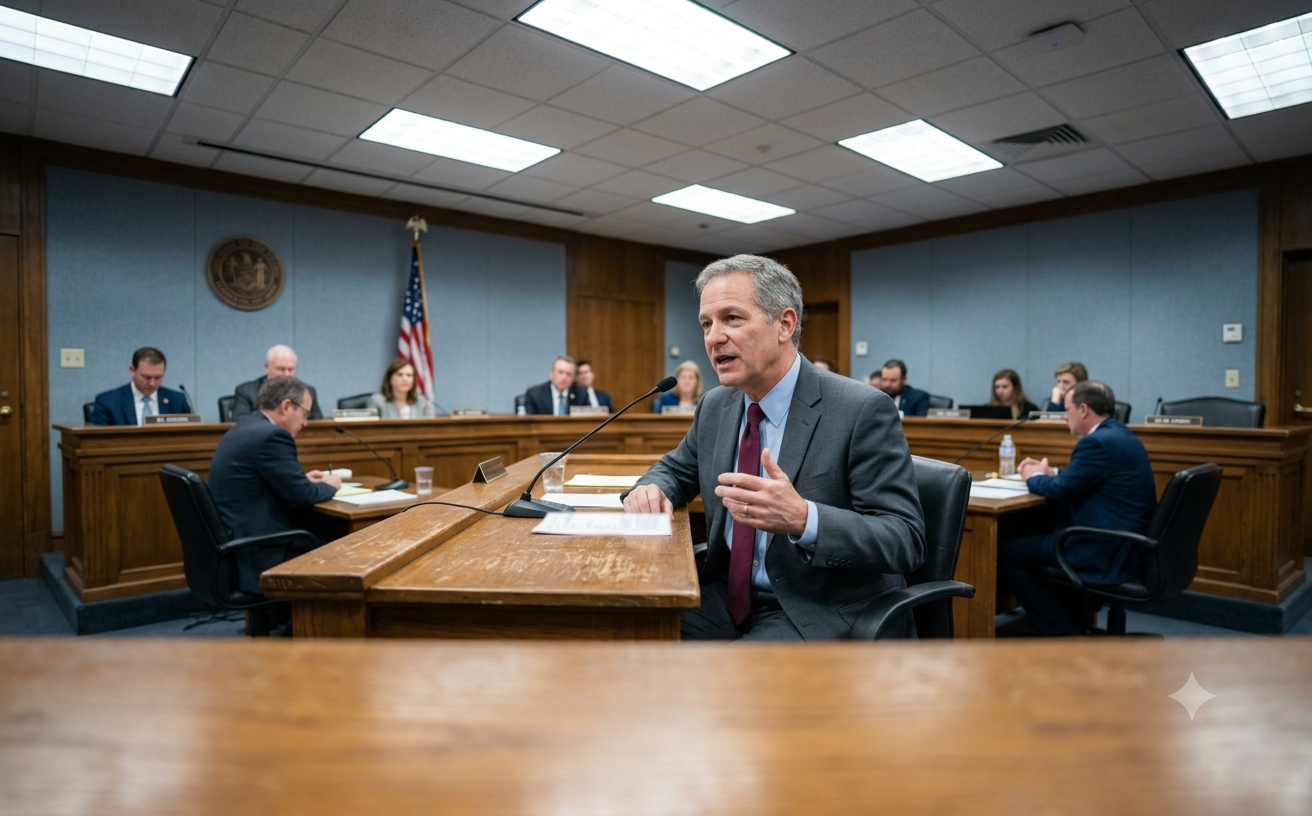 Senator speaking into a microphone at a legislative committee hearing